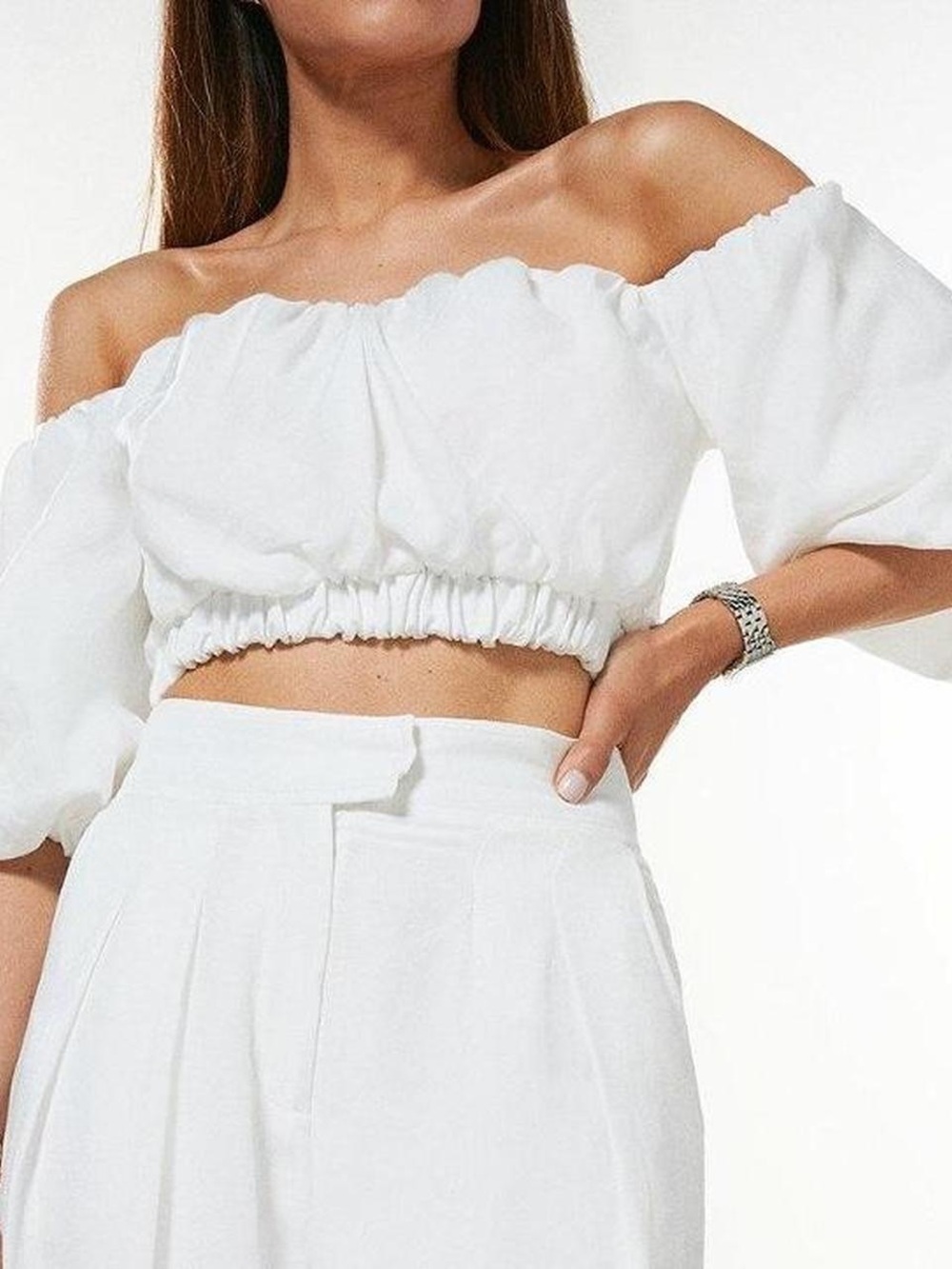 KAREN MILLEN LINEN BLEND BARDOT TOP WOMENS SZ 12 WHITE